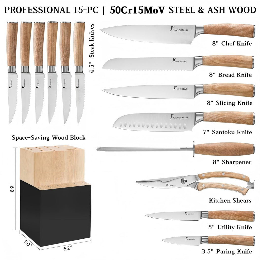 Kangdelun Ultra Sharp 15-Piece Kitchen Knife Set, High Carbon Stainless Steel Blades, Torrefied Natural Wood Handles, Ergonomic Design, Space-Saving Black-Finished Wood Block, Easy Hand Wash, Gift Box