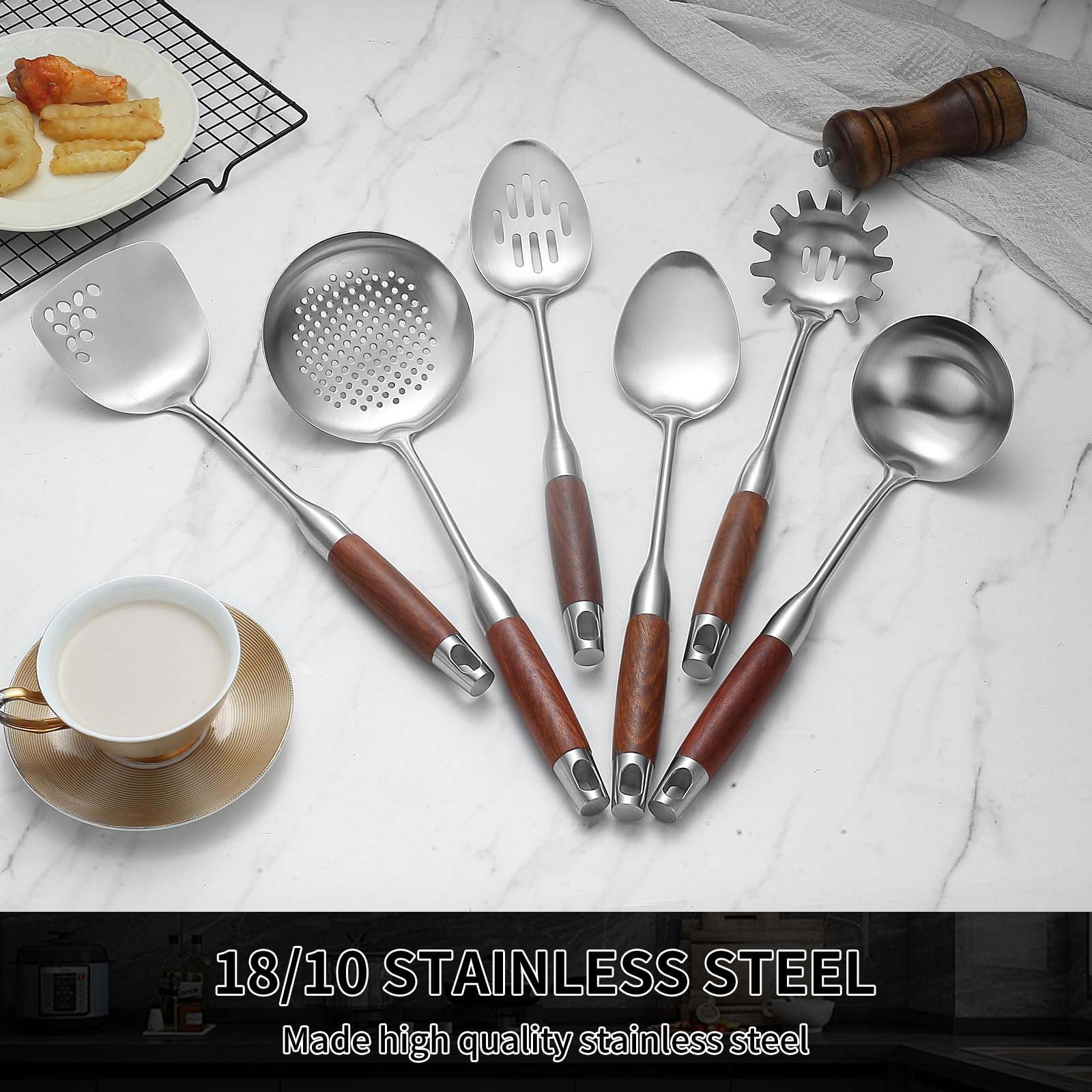 Izurok 18/10 Stainless Steel Kitchen Utensils Set,6 Piece Cooking Utensils With Wood Handle,Heat Resistant Kitchen Tool Set With Spatula, Spoon, Ladle, Skimmer, Slotted Spoon, Pasta