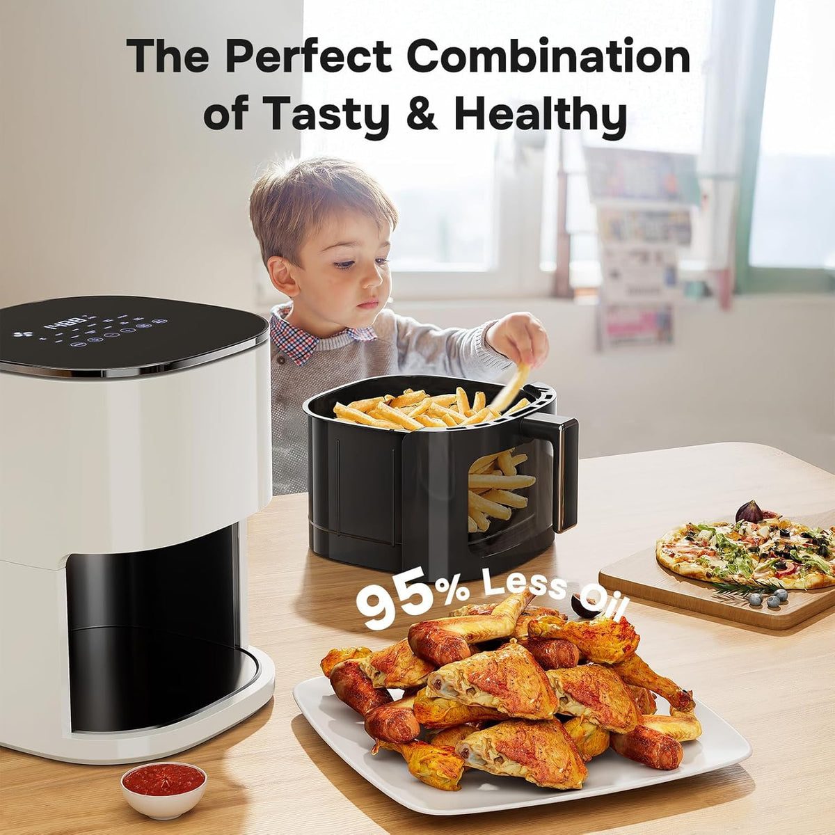 Simple Deluxe 12-in-1 Air Fryer 6.34 Qt, Digital Preset Airfryer with Visible Window, Nonstick and Dishwasher-Safe Basket, Air Fry, Roast, Bake, Dehydrate, Fries, 1700W, Beige