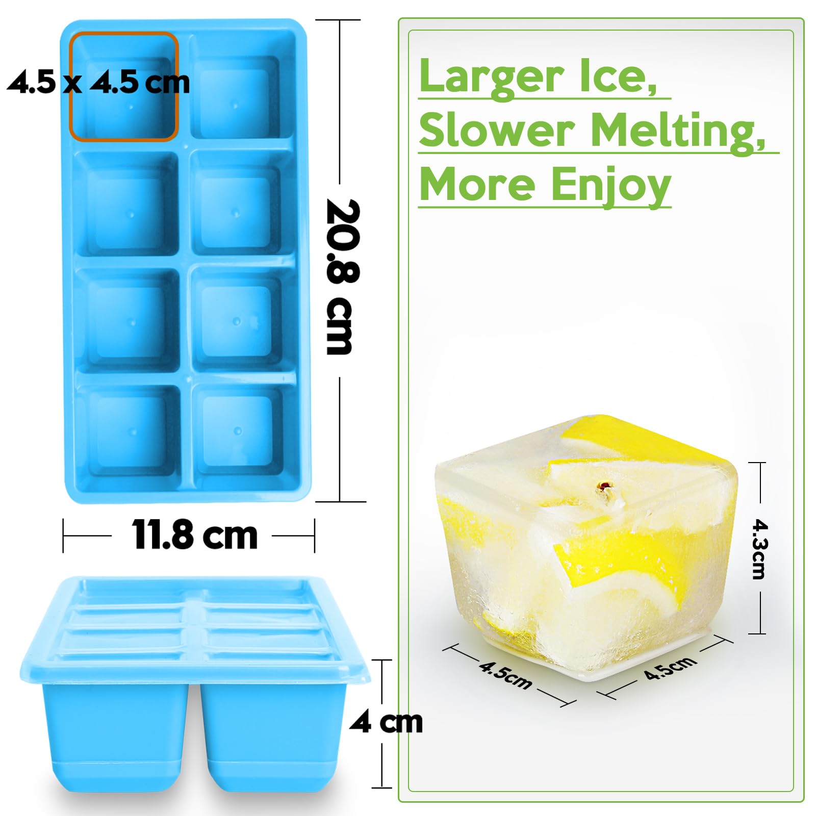 Large Ice Cube Trays with Lid, Jrisbo 2 Pack Stackable Silicone Ice Cube Molds for Freezer, Easy Release 16 Big Square Ice Trays for Whisky Cocktails (Pure Gray)