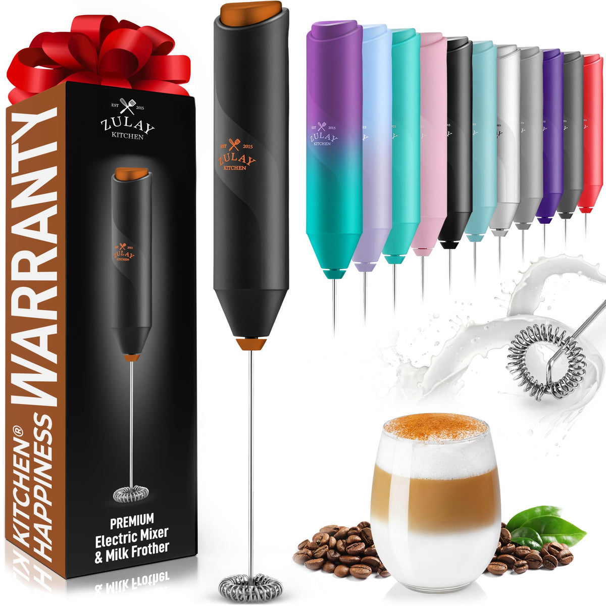 Zulay Kitchen Powerful Milk Frother Wand - Handheld Stainless Steel - Battery Operated Drink Mixer for Coffee, Lattes, Cappuccino, Matcha - Froth Mate Frother Gift - Cool Tide