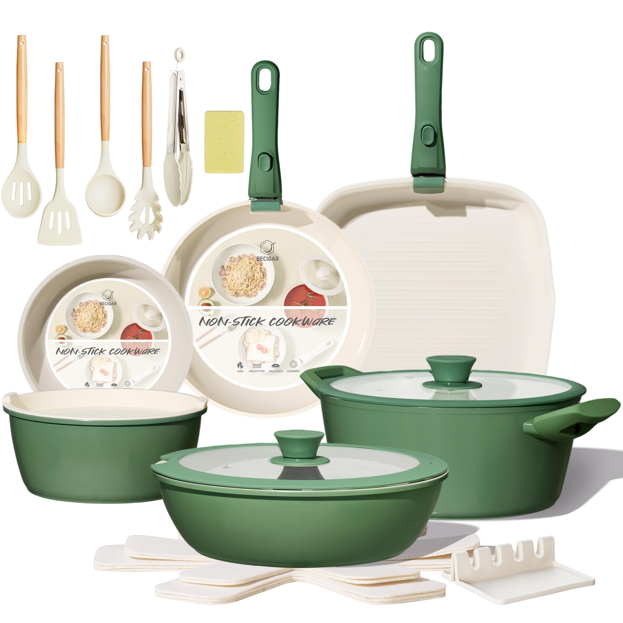 BECIGAR 23pcs Ceramic Pots and Pans Set, Nonstick Detachable Handle Cookware, Induction Kitchen Cooking Set with Removable Handle,include Frying Pans & Saucepans Oven Safe(Green)