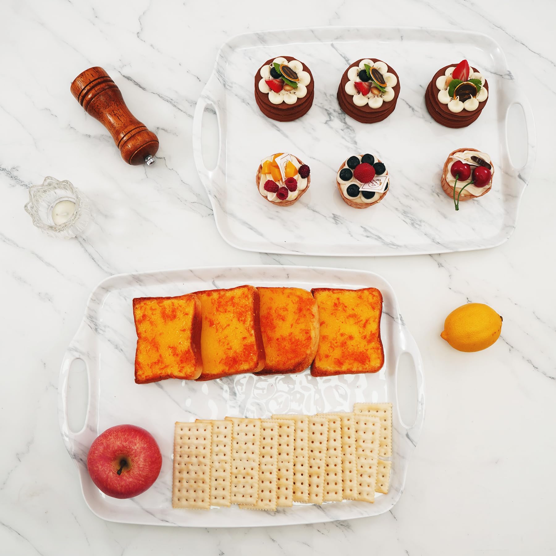 TP Melamine Serving Trays with Handles, 17” x 12”, Set of 2, White Marble