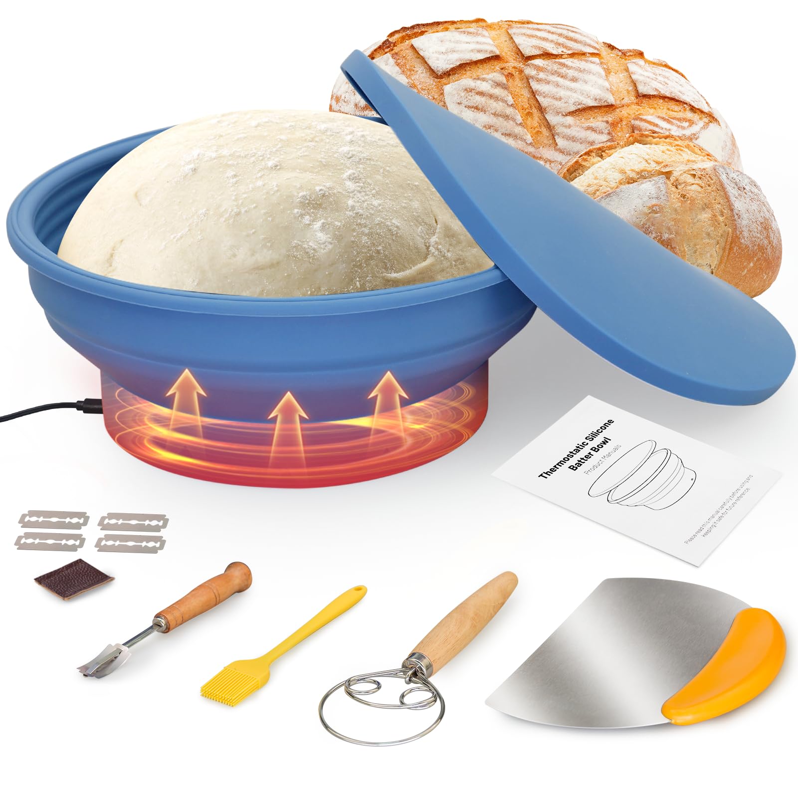 Jabbus Electric Heating Bread Proofing Basket, Sourdough Starter Warmer - 4 Heat Settings, Foldable 9-Inch Sourdough Starter Kit, Banneton Sourdough Bread Baking Supplies