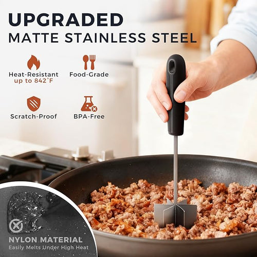 304 Stainless Steel Meat Chopper & Masher, Coinicxcel 10 Inch Heat Resistant Ground Beef Chopper Tool with 6 Curve Blades & Ergonomic Non-Slip Handle, Heavy-Duty Hamburger Smasher Tool Dishwasher Safe