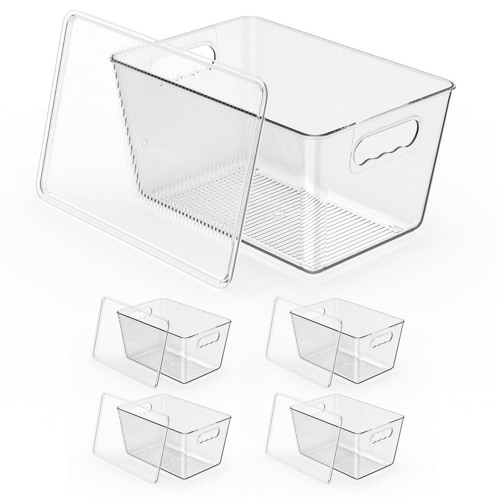 Clear Fridge Organizer with Handles & Lids, 6 Pack Large 11.5×7.5×6 Inch