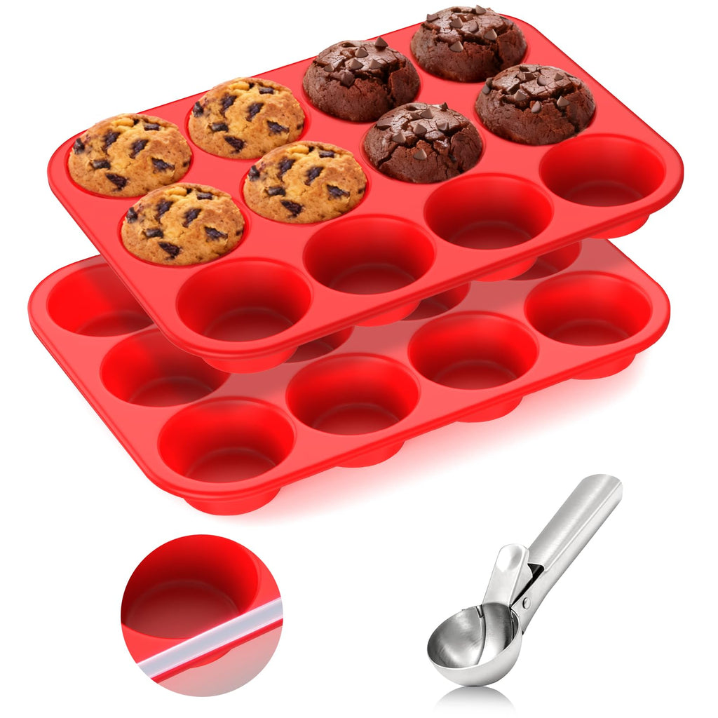 Samuelworld Silicone Muffin Pan for Baking: 24 Cup Muffin Pan with Metal Reinforced Frame, Regular Size Cupcake Egg Bites Molds for Baking, BPA Free Silicone Muffin Tray, 2 Pack, Red (With Scooper)