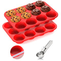 Samuelworld Silicone Muffin Pan for Baking: 24 Cup Muffin Pan with Metal Reinforced Frame, Regular Size Cupcake Egg Bites Molds for Baking, BPA Free Silicone Muffin Tray, 2 Pack, Red (With Scooper)