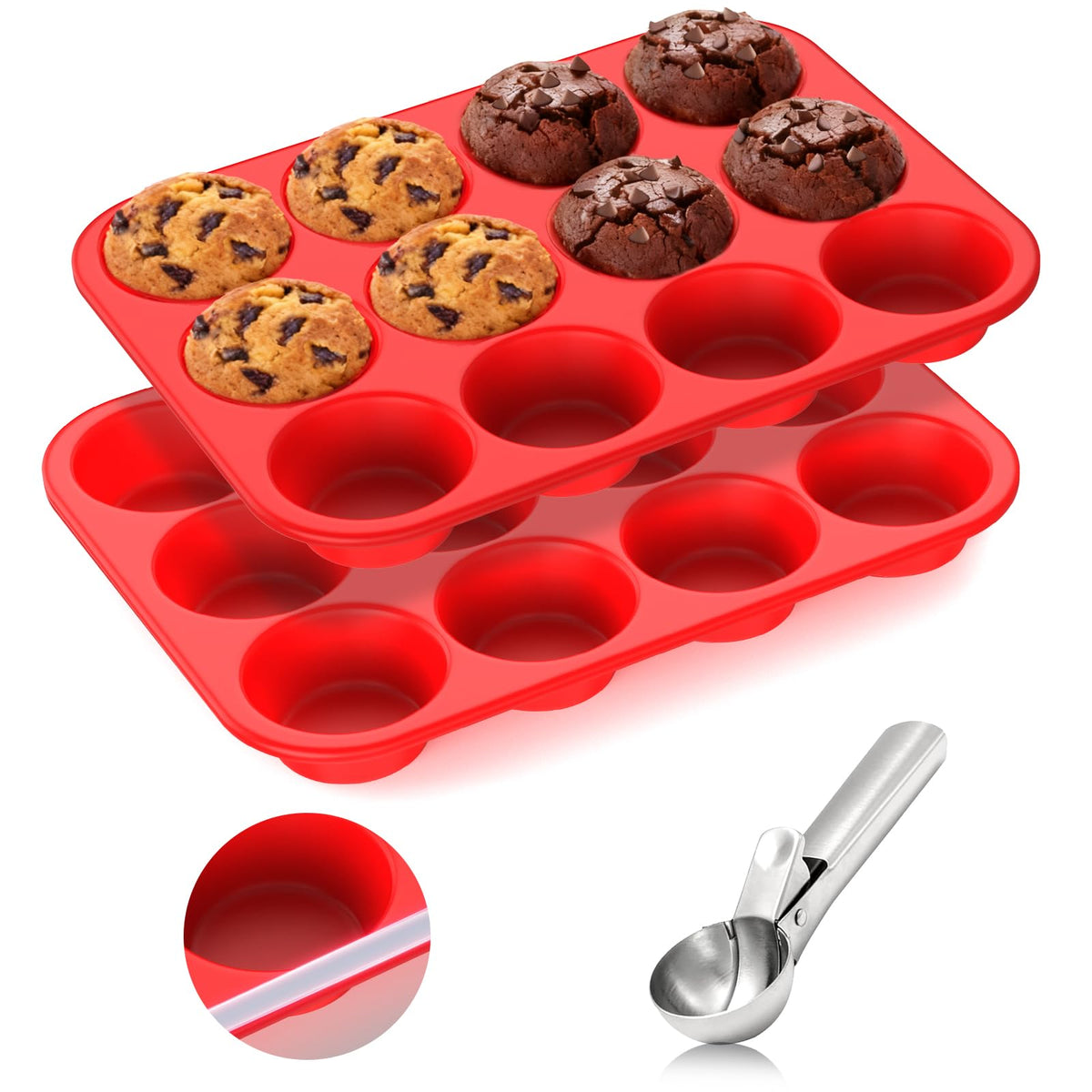 Samuelworld Silicone Muffin Pan for Baking: 24 Cup Muffin Pan with Metal Reinforced Frame, Regular Size Cupcake Egg Bites Molds for Baking, BPA Free Silicone Muffin Tray, 2 Pack, Red (With Scooper)