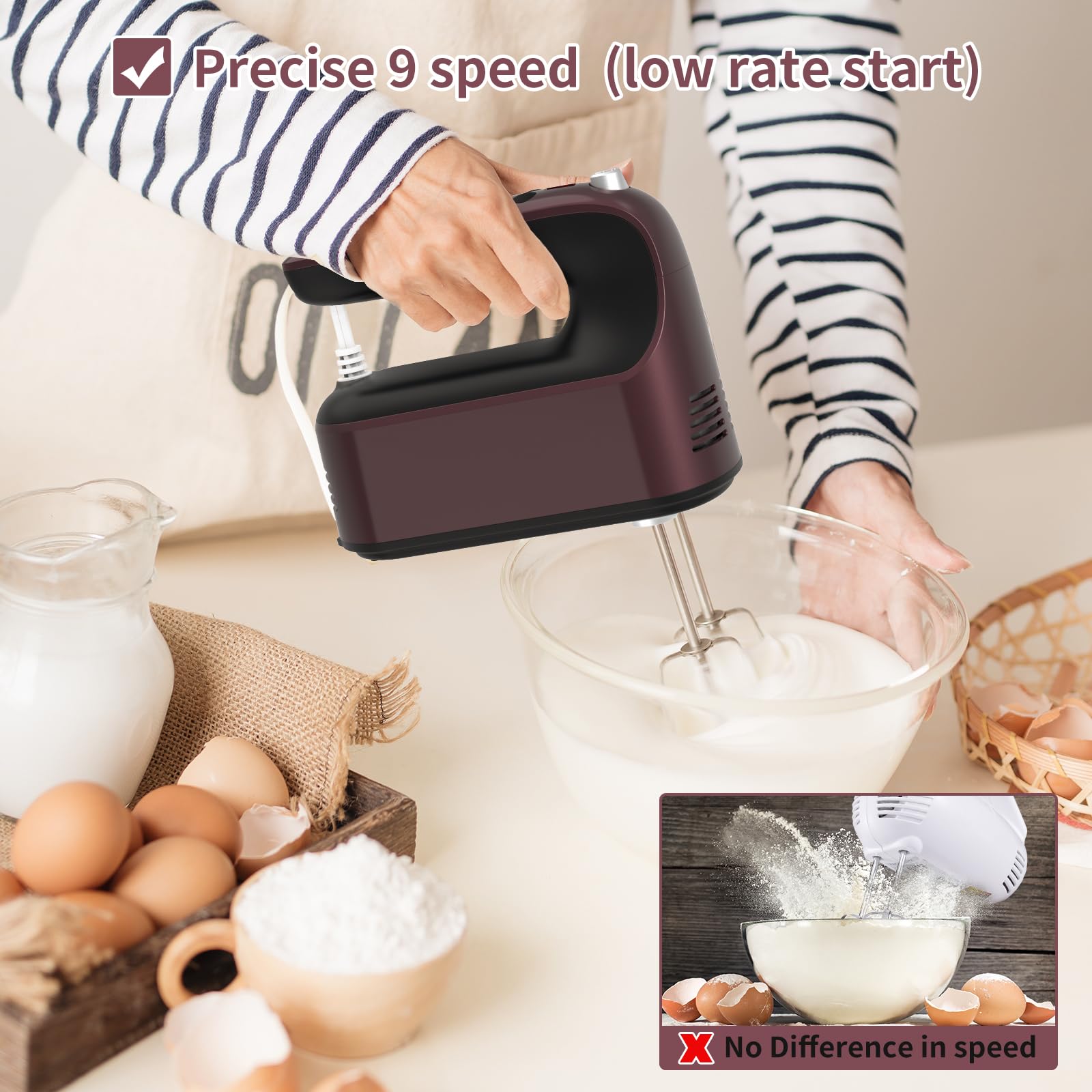 Yomelo 9-Speed Digital Hand Mixer Electric, 400W Powerful DC Motor, Hand Mixer Electric Handheld with Snap-On Storage Case, 5 Stainless Steel Accessories, Beaters, Dough Hooks, Whisk(Grape Purple)