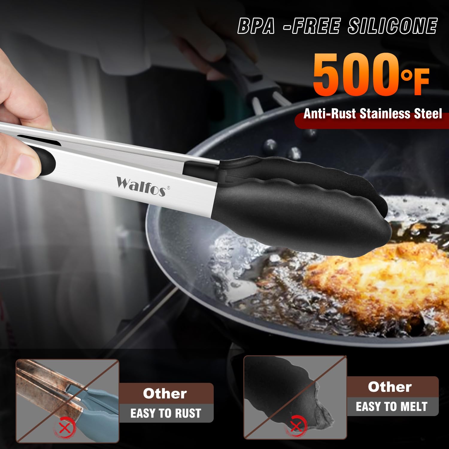 Walfos Kitchen Tongs - Heat Resistant Cooking Tongs Set of 3, Stainless Steel and BPA Free Silicone Tips, Great for Cooking, Grilling, Turning, 7" 9" and 12" (3 black silicone tongs)