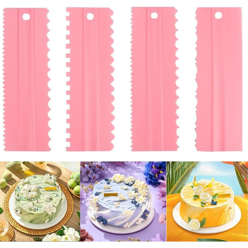 CEWIFO Cake Scrapers Set Pink Decorating Comb and Icing Smoother, Plastic Sawtooth Scraper Polisher Butter Mousse Cream Cake Edge DIY Tool -8 Design Textures (Pink)
