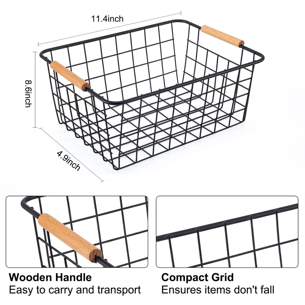 Black 2PCS Wire Storage Baskets with Wooden Handles for Pantry Organizer