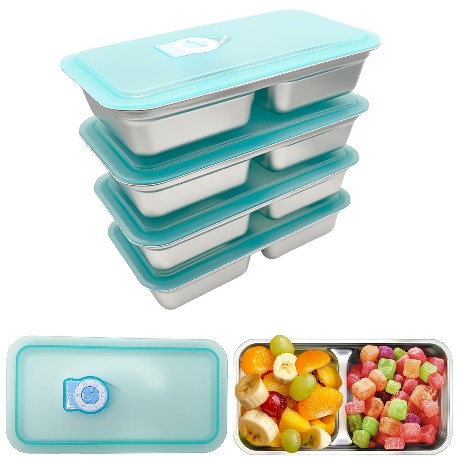 Stainless Steel Snack Containers with Lids - condiment containers with lids, reusable double compartment snack containers, Grab and Go Snack Containers Dishwasher Safe for School, Work, travel
