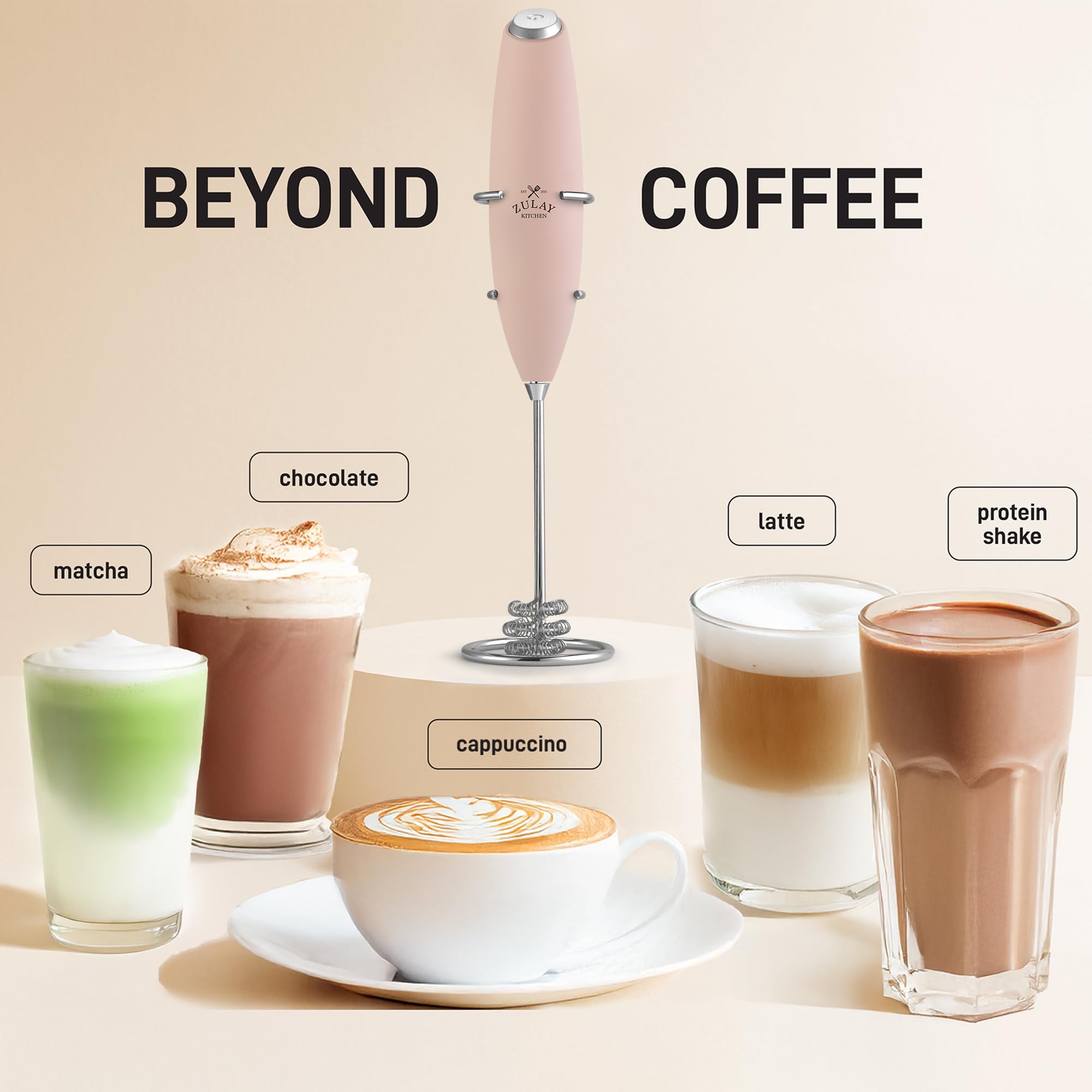 Zulay Kitchen Powerful Milk Frother Wand With Duracell Batteries - Ultra Fast Handheld Drink Mixer - Electric Whisk Foam Maker for Coffee, Lattes, Cappuccino & Matcha - Triple Whisk - Peach Pink
