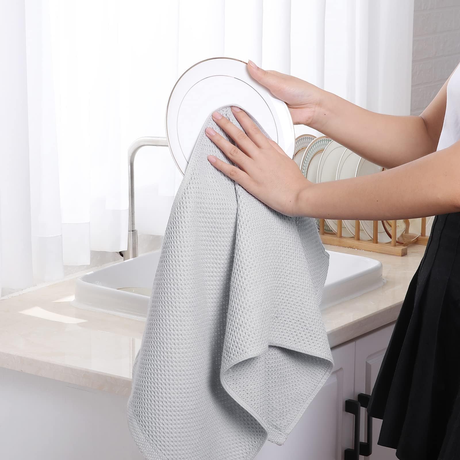 Homaxy 100% Cotton Waffle Weave Kitchen Dish Towels, Ultra Soft Absorbent Quick Drying Cleaning Towel, 13 x 28 Inches, 12-Pack, Light Gray