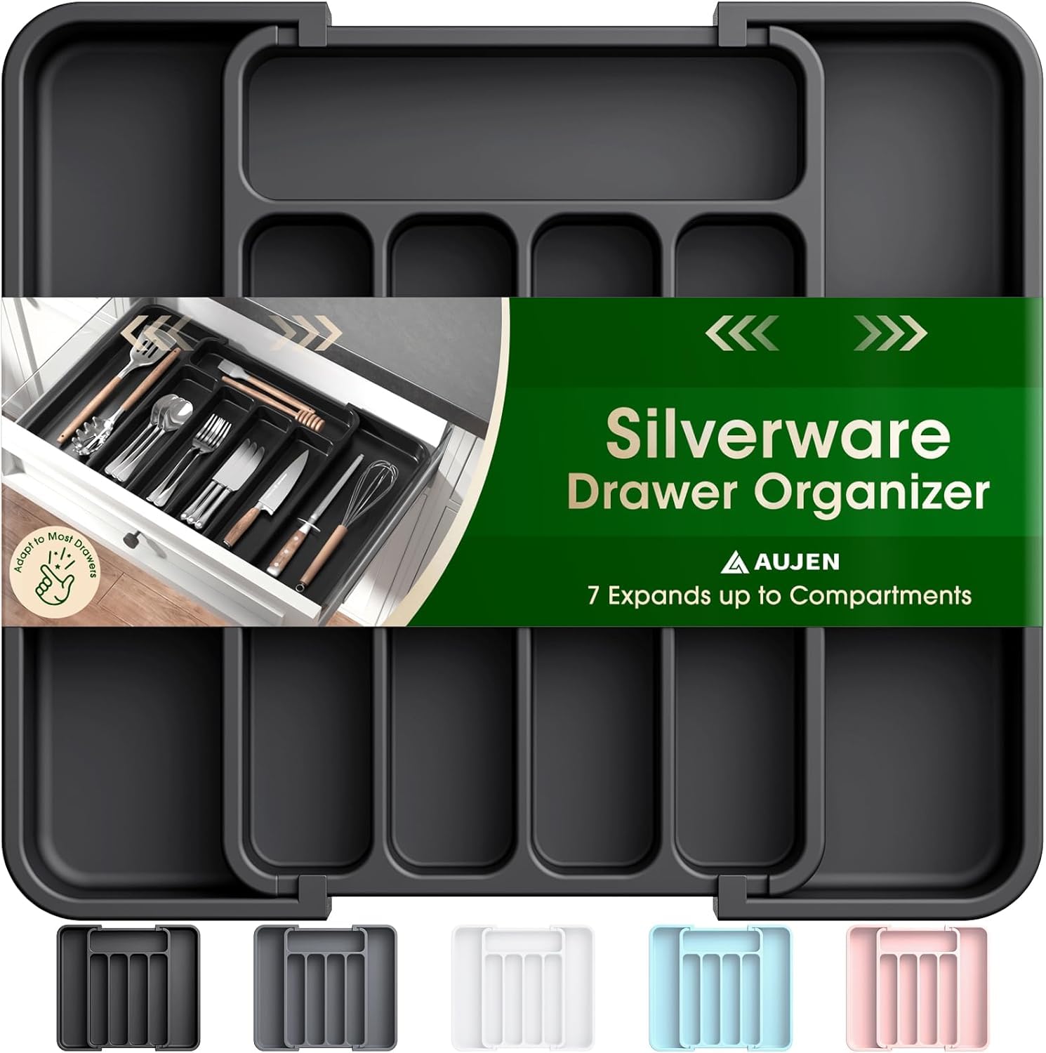 Aujen Silverware Drawer Organizer, Adjustable Utensil Cutlery Tray