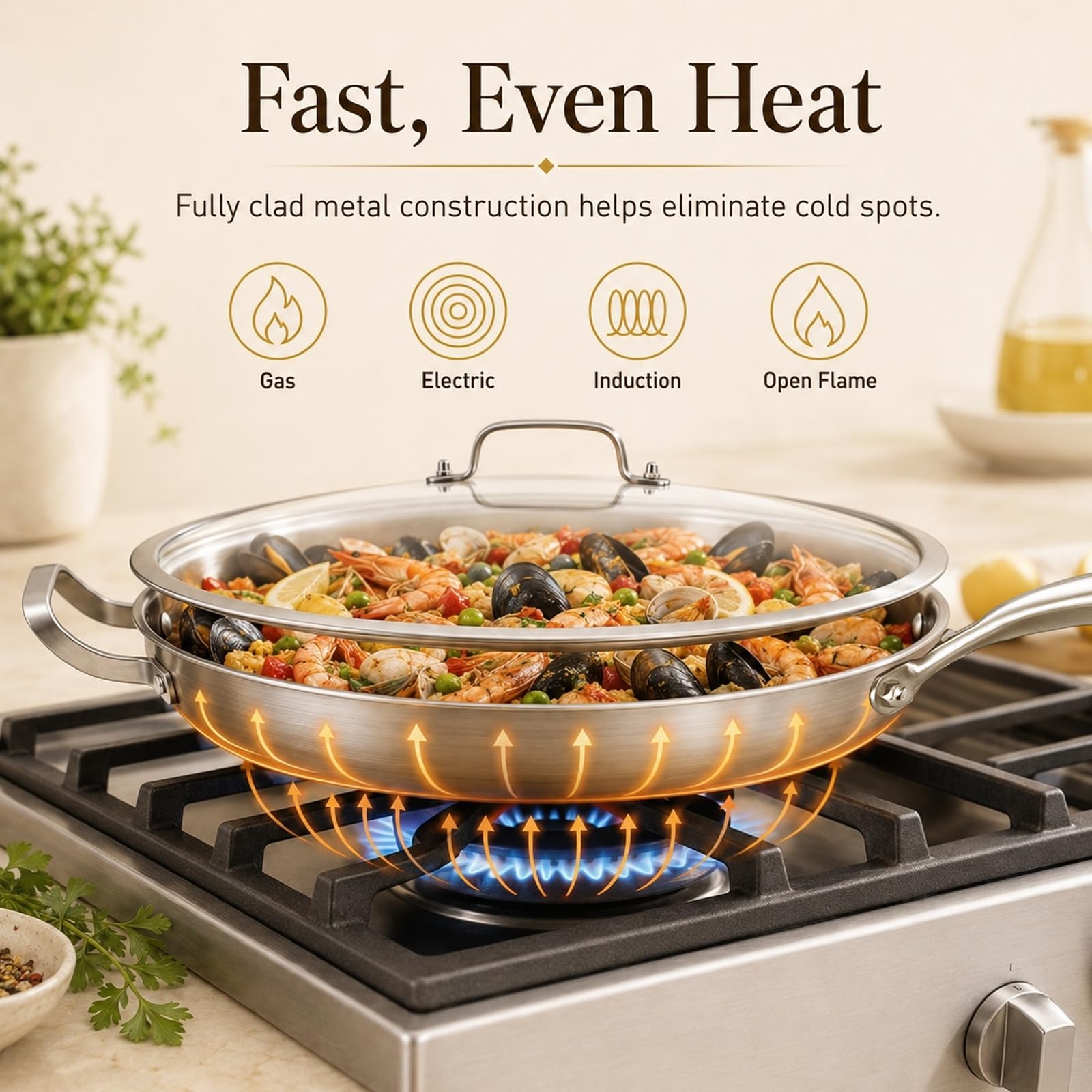DELARLO 14" Stainless Steel Pan, 18/10 Frying Pan, Oven Safe Up to 600°F, Nontoxic Cookware, Compatible with All Cooktops Skillet, Durable, Fast Even Heat Fry Pan, Large 14.2 Inch Frying Pan