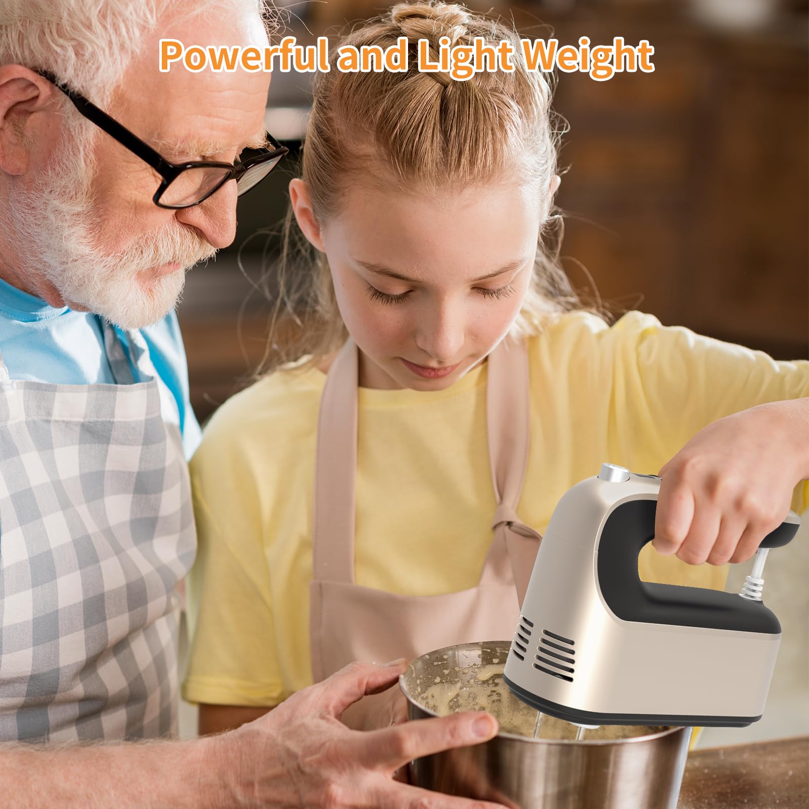 Yomelo 9-Speed Digital Hand Mixer Electric, 400W Powerful DC Motor, Hand Mixer Electric Handheld with Snap-On Storage Case, 5 Stainless Steel Accessories, Beaters, Dough Hooks, Whisk(Champagne Gold)