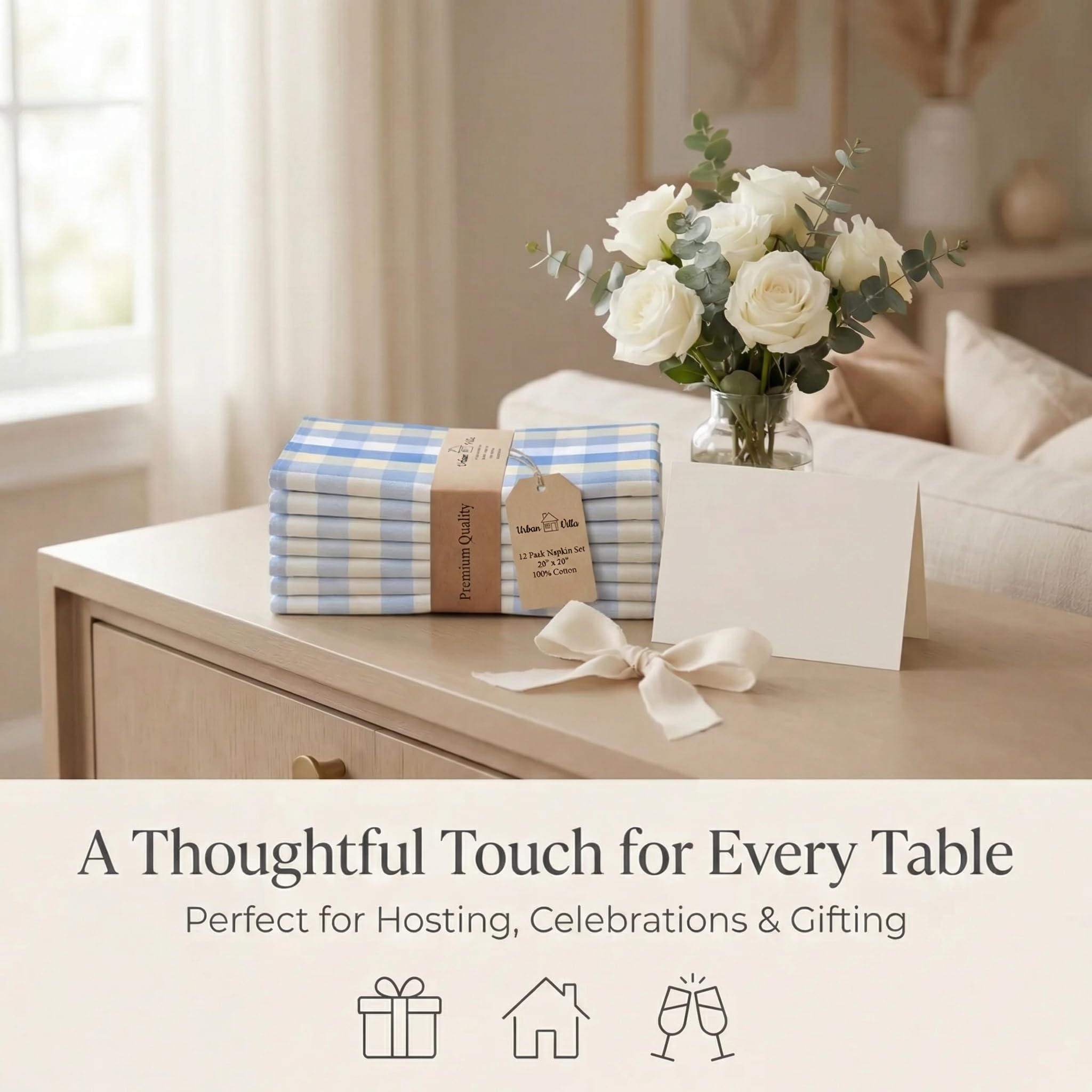 Urban Villa Cloth Napkins 100% Cotton Highly Absorbent Washable Reusable Premium Dinner Napkins Ideal for Gifts for Mothers Day Hotel Farmhouse Parties - Blue Sand Checks (20" x 20", Set of 12)