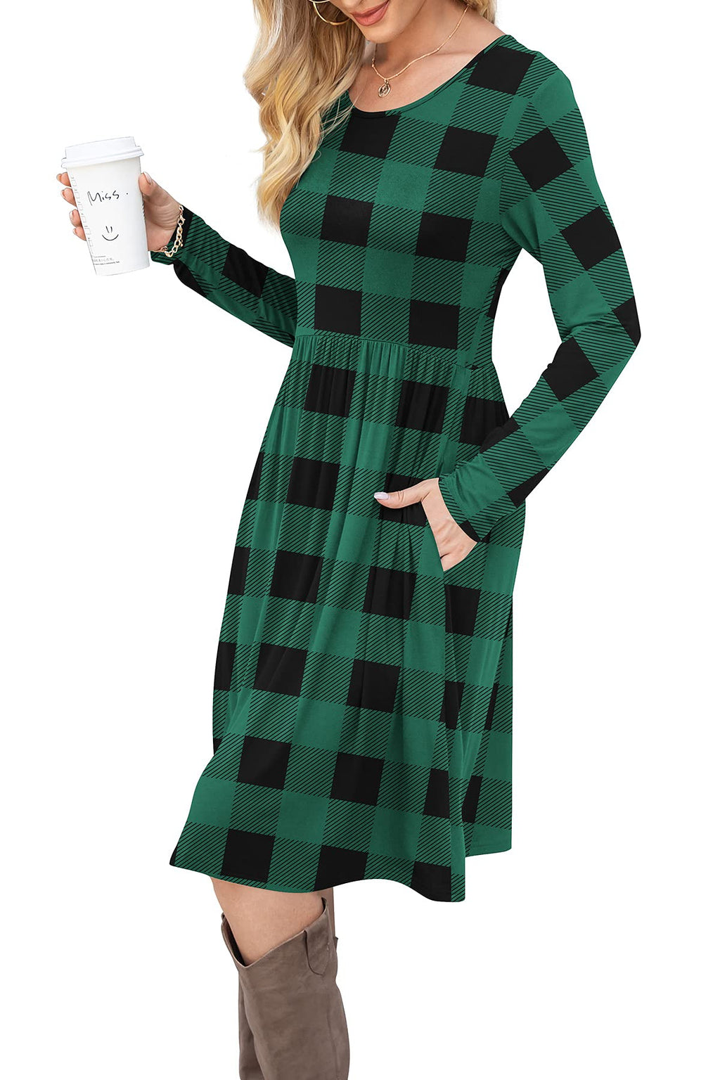 DB MOON Women Casual Long Sleeve Dresses Empire Waist Knee Length Loose Dress with Pockets (Green Plaid, XL)