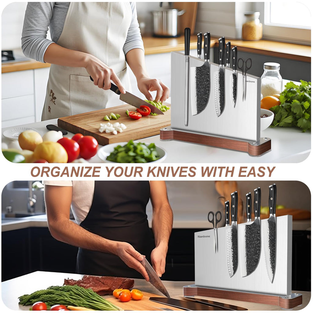 Nanbone Magnetic Knife Block Without Knives Large Double Side Magnetic Knife Holder Stand with Strong Magnet, Stainless Steel Knife Storage Organizer for Kitchen Counter Knife Rack Three Magnet Strip