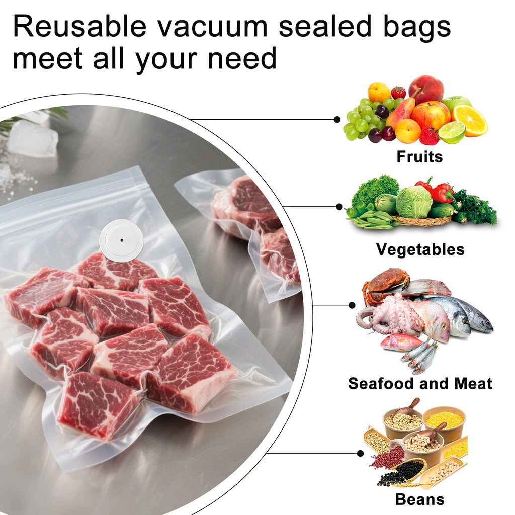 MEGAWISE Vacuum Zipper Bags 20Pcs (12 * 13.5in), BPA Free, Reusable Food Storage Bags with Air Valve for Sous Vide Cooking/Freezer/Microwave Heating, with 5 Seal Clips.