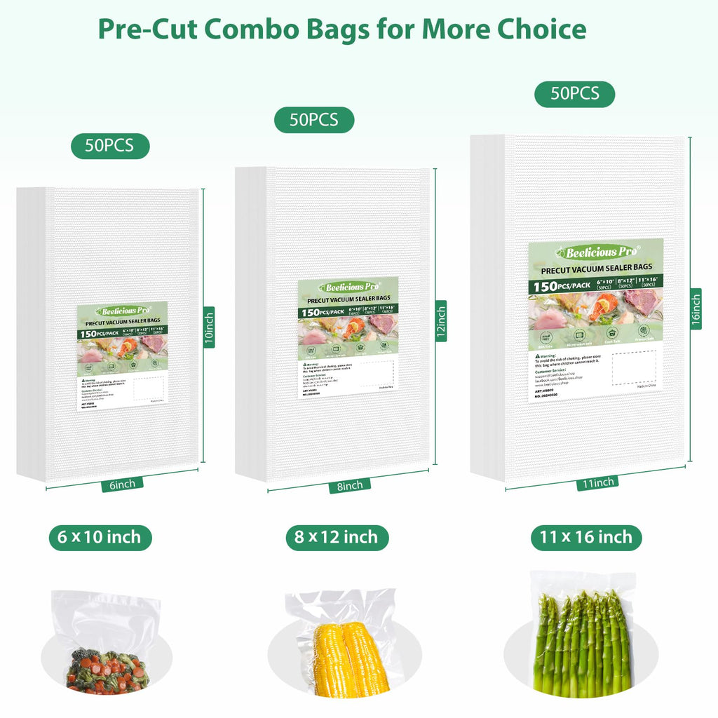 Beelicious Pro Vacuum Sealer Bags for Food Storage 150 Gallon 11" x 16" and Quart 8" x 12" and Pint 6" x 10", with BPA-Free, Commercial PreCut Vacuum Seal Bags for Sous Vide & Seal a Meal