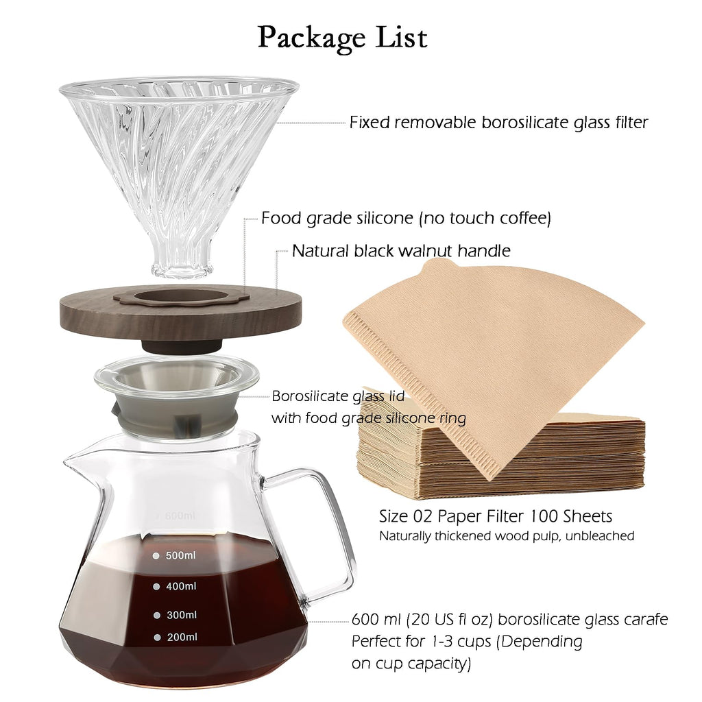 Lalord Pour Over Coffee Maker, 20 oz Borosilicate Glass Carafe with 100 pcs V60 Paper Filter, Walnut Handle & Glass Lid, Drip Coffee Maker for Home Café Restaurant Camping, 600 ml, Clear