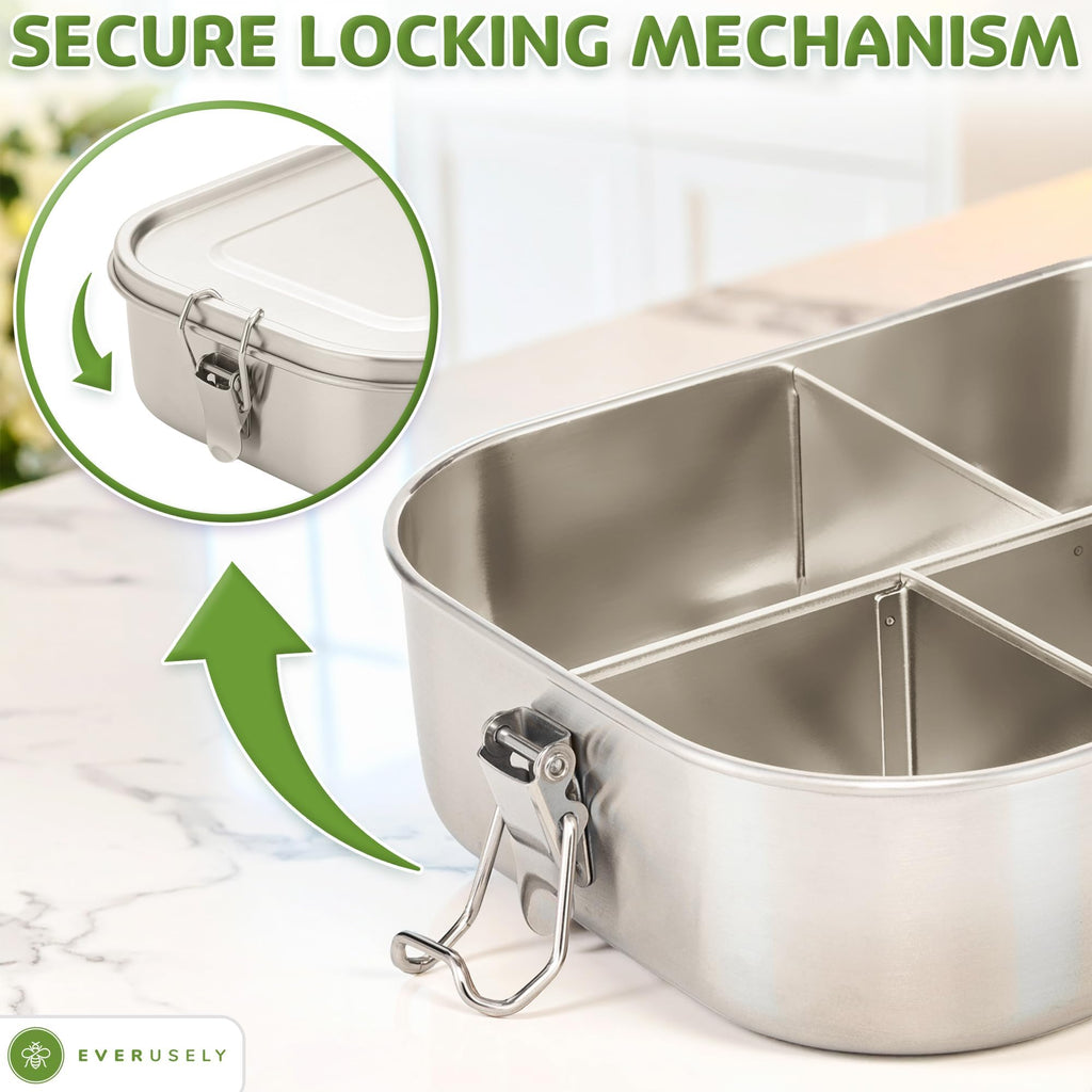 Bento Box - 47 oz - 5 Compartment Bento Box - Metal Lunch Box w/ Lock Clips