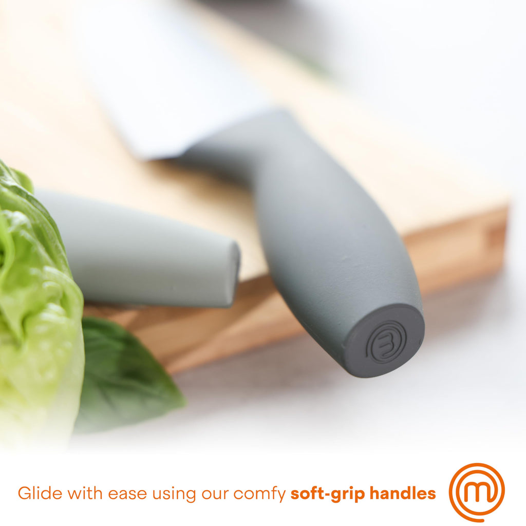 MasterChef Kitchen Knife Set with Covers, 6 Professional Chef Knives for Home Kitchens, Extra Sharp Cutting Stainless Steel Blades & Protective Sheaths, Soft-Touch Easy-Grip Handles, Earth Greys