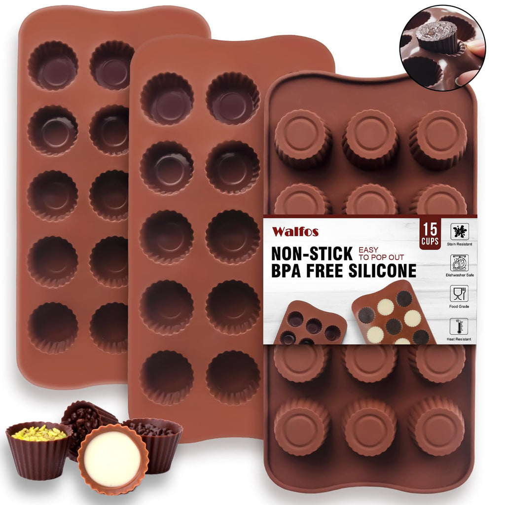 Silicone Fat Bomb Molds, Walfos Silicone Candy Mold, 15 Cavity Round Mold -Perfect for Keto Fat Bomb, Jelly, Dark Chocolate, Mini Peanut Butter Cup, 2 Packs