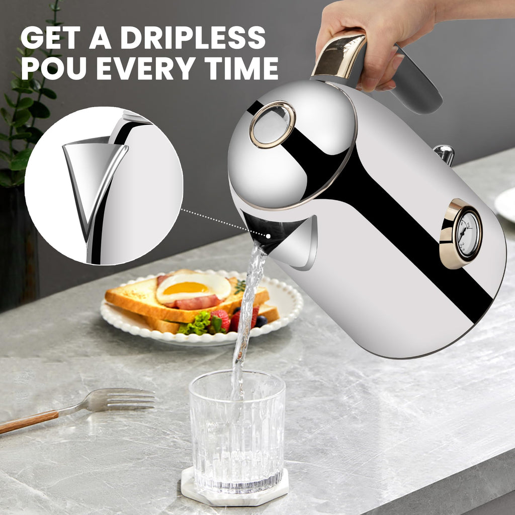 SUSTEAS 57oz Electric Kettle with Thermometer, Hot Water Pot, Glossy Silver
