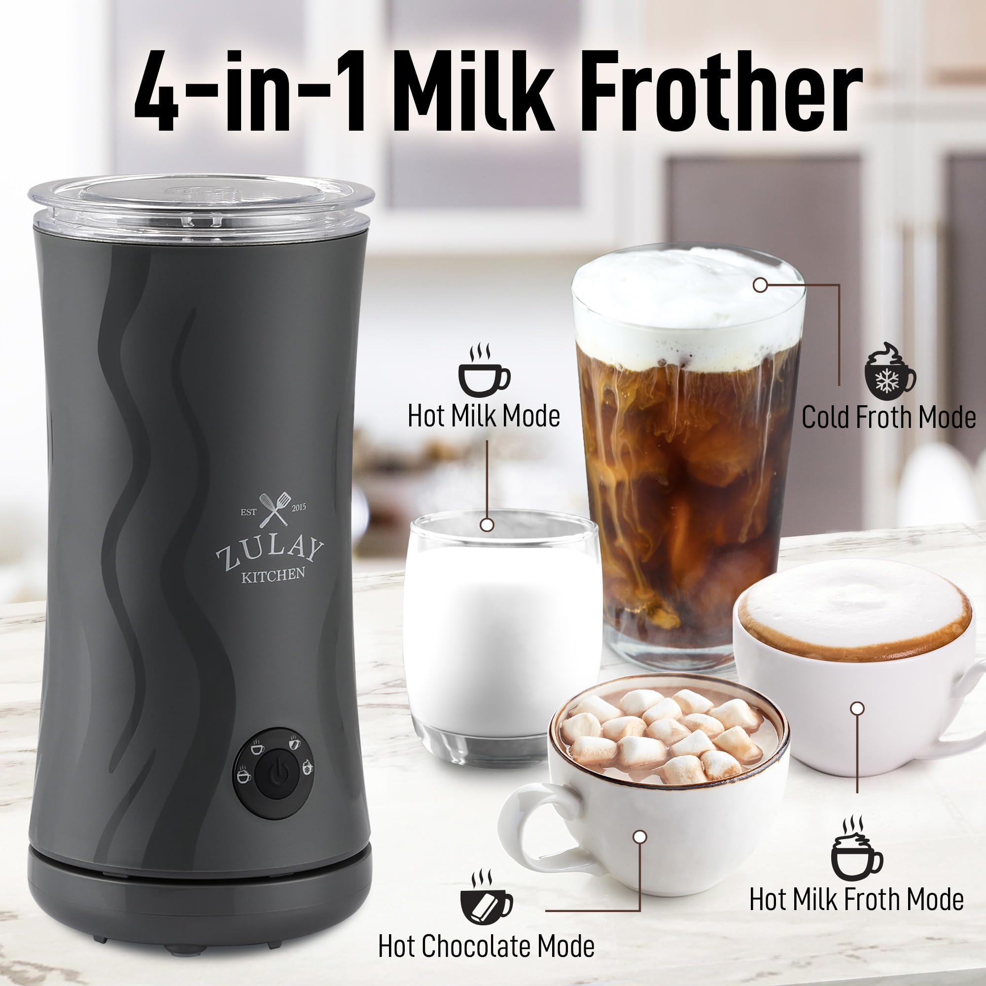 Zulay 4-in-1 Milk Frother and Steamer - Automatic Hot and Cold Foam Maker with Auto Shut Off & Temperature Control for Coffee, Latte, Cappuccino, Hot Chocolate - Gray