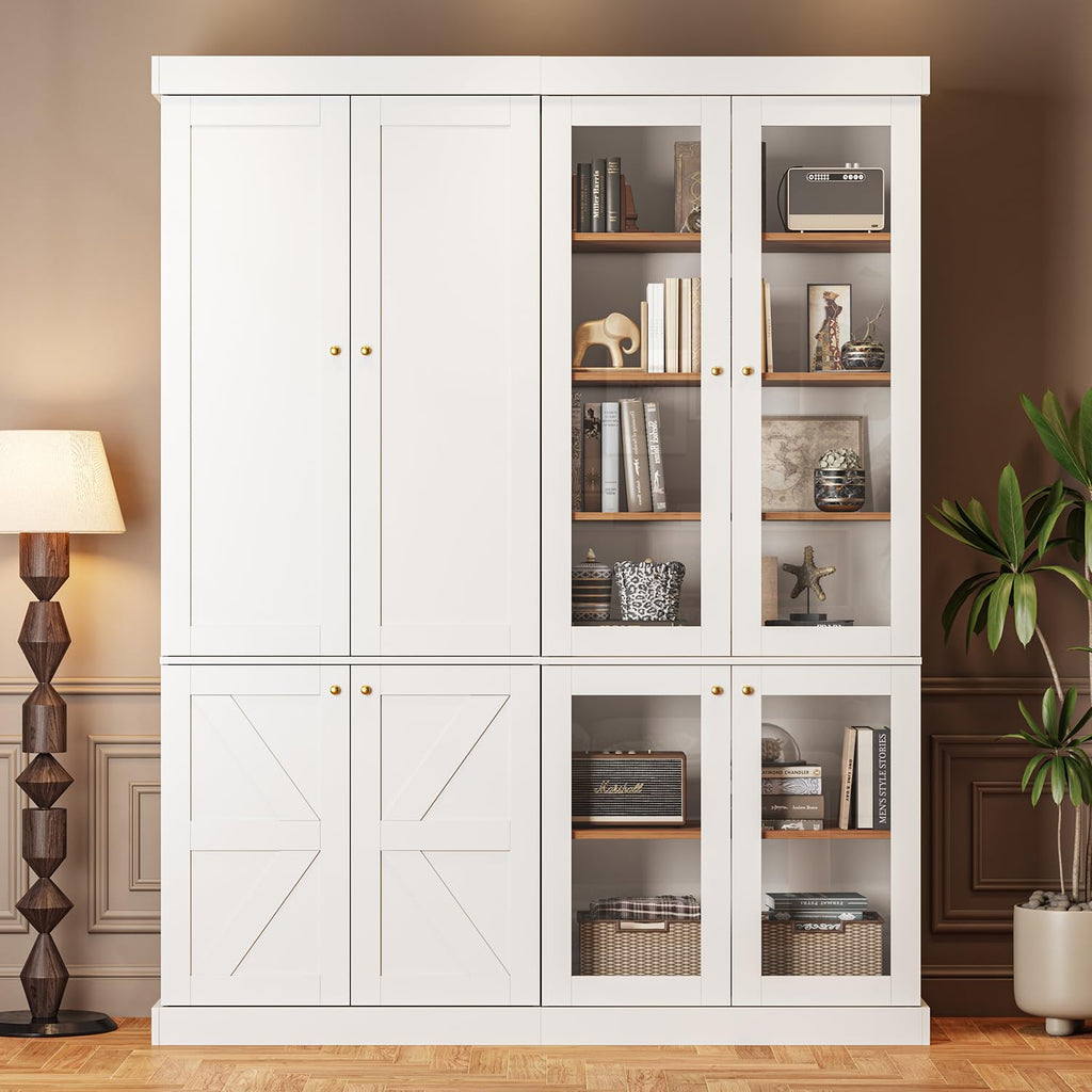 ivaniti 70.8" Tall Bookshelf with Doors, Farmhouse Modular Bookcase with 4-Tier Adjustable Shelves, Large Storage Cabinet for Home Office, Living Room, Brown, Set of 2