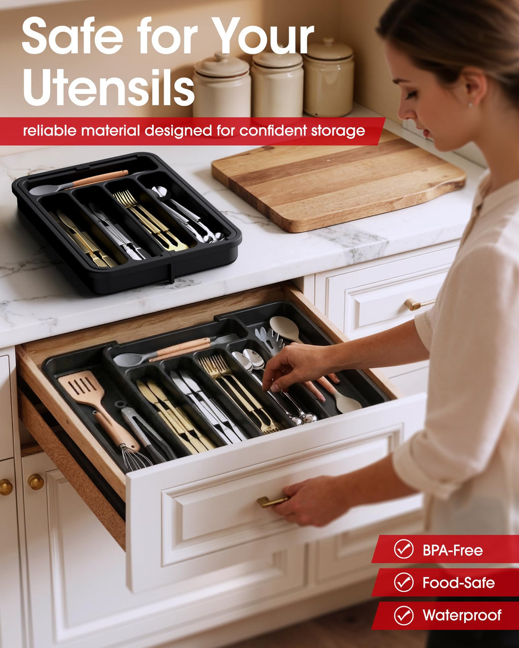 Aujen Silverware Drawer Organizer, Adjustable Utensil Cutlery Tray