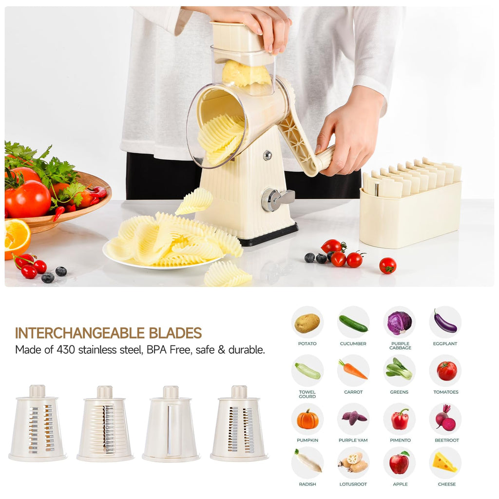 Xilrvna RotaryCheese Grater,VegetableShredder 5 in 1 Cheese Grater with HandleedderReinforcedSuction,EasytoClean,KitchenChopperforCrushedIce,Fruits and Nuts with Blade Storage Case（White