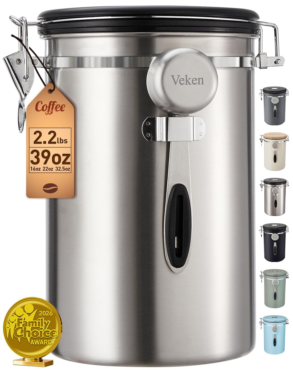 Veken Coffee Canister,39OZ, 2.2lbs,Large Airtight Stainless Steel Container