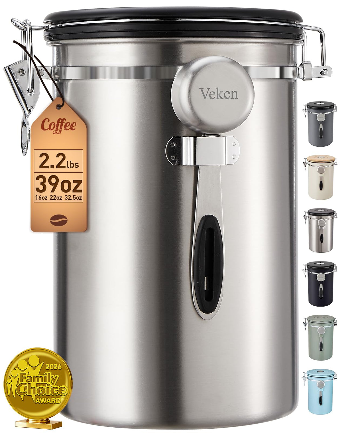 Veken Coffee Canister,39OZ, 2.2lbs,Large Airtight Stainless Steel Container
