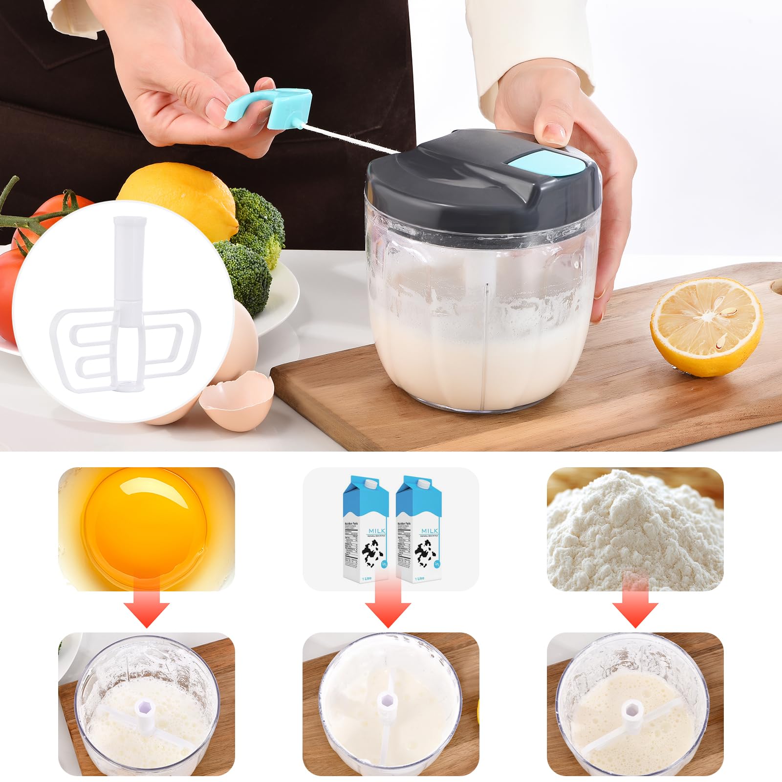 Ziweaye Manual Food Processor Vegetable Chopper, Portable Hand Pull String Garlic Mincer Onion Cutter for Veggies, Ginger, Fruits, Nuts, Herbs, etc., （900ml,Gray-blue）