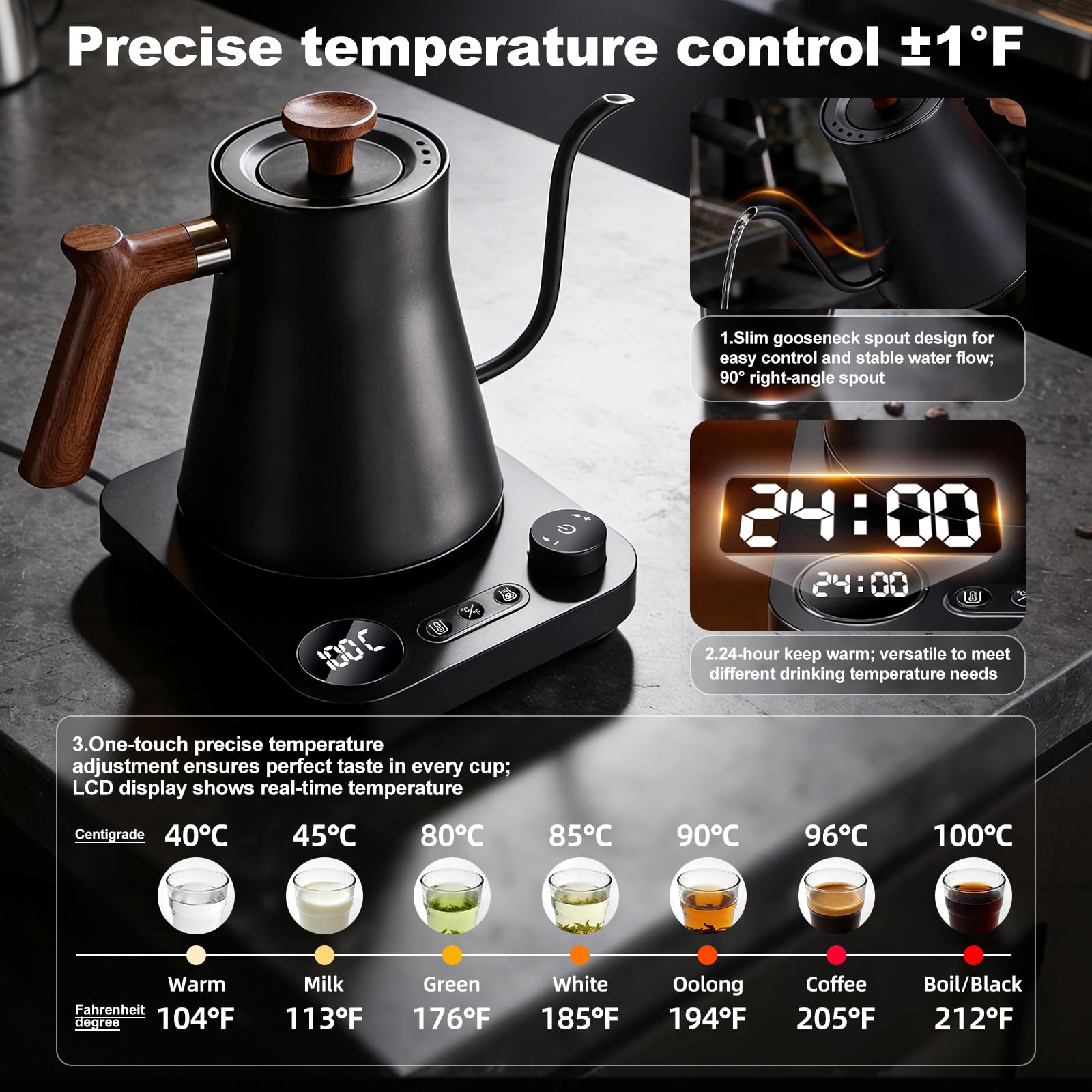 Smart Digital Electric Kettle with Variable Temperature Control, Stainless Steel Inner, 1200W Quick Heating Gooseneck Electric Kettles, Stylish Matte Finish for Coffee & Hot Beverages, 0.9L (Black)