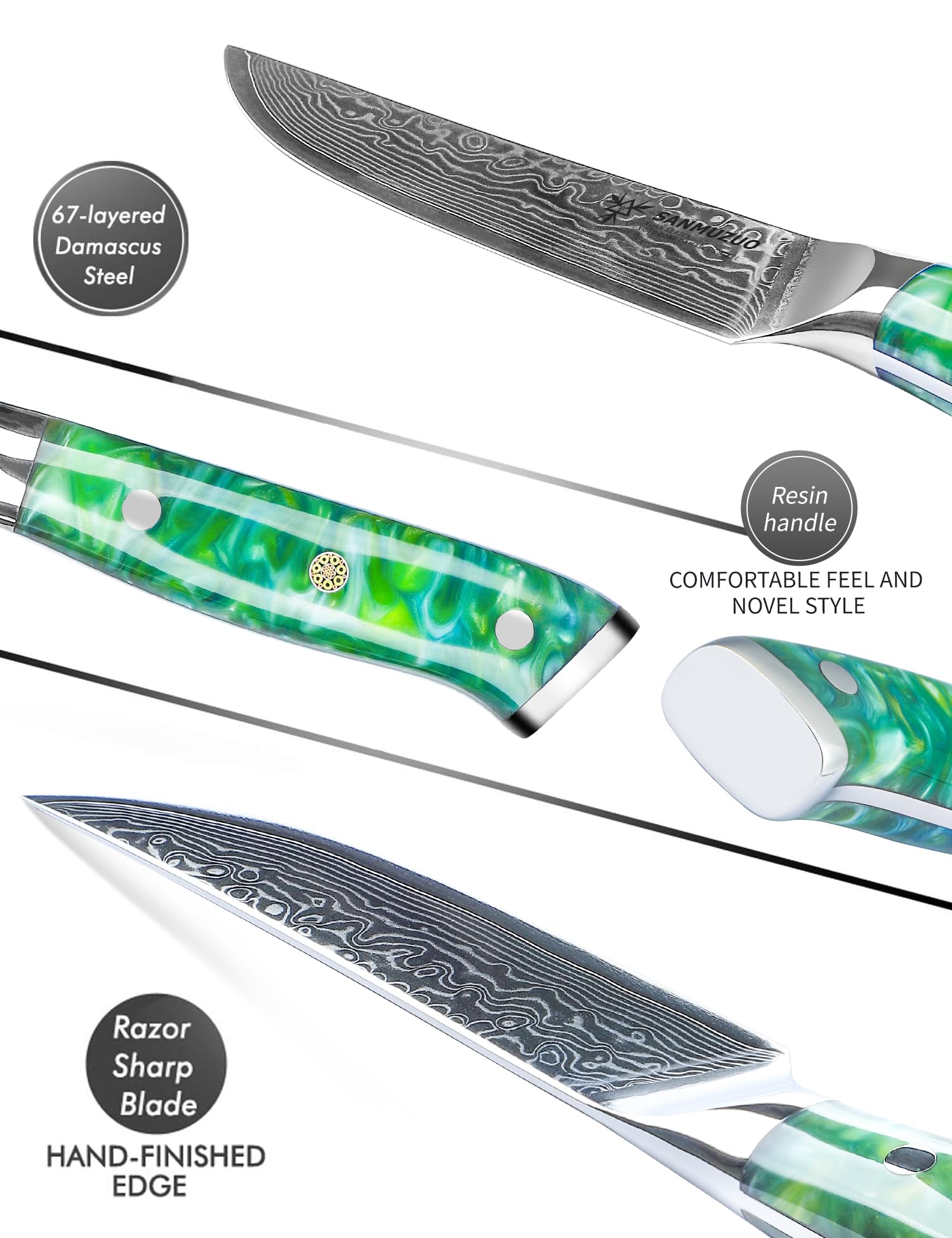 SANMUZUO Steak Knives Set of 4, Ultra Sharp Non Serrated Kitchen Steak Knife 5 Inch - Damascus Steel & Resin Handle - Xuan Series(Jade Green)