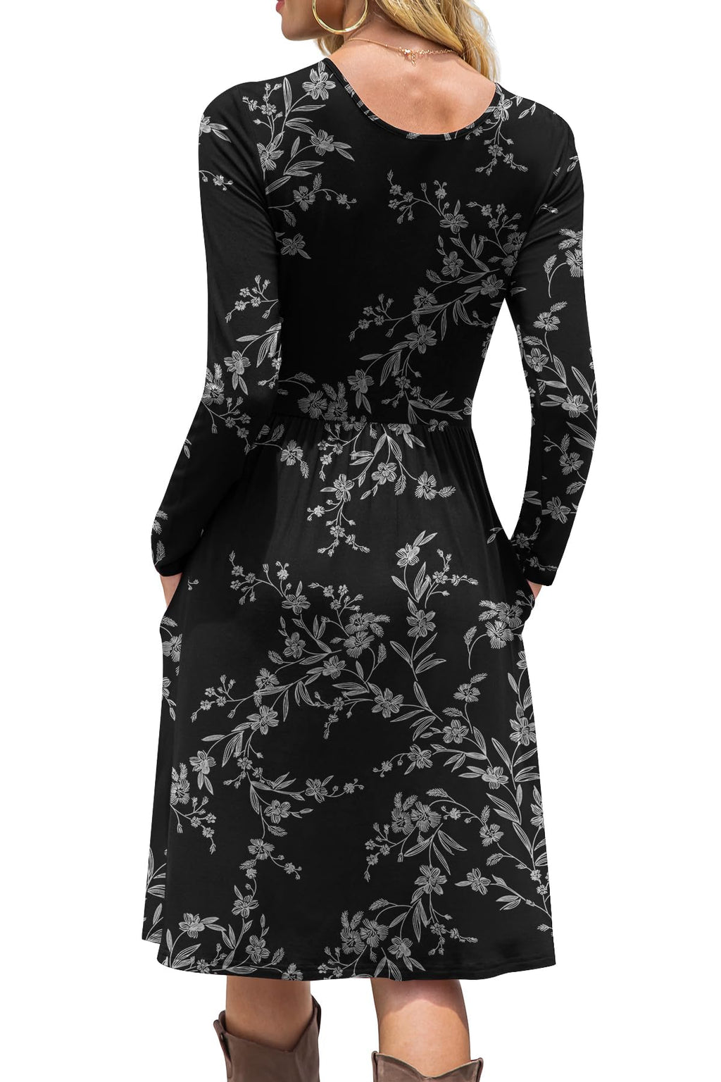 DB MOON Women Casual Long Sleeve Dresses Empire Waist Loose Dress with Pockets (White Flower Black, M)