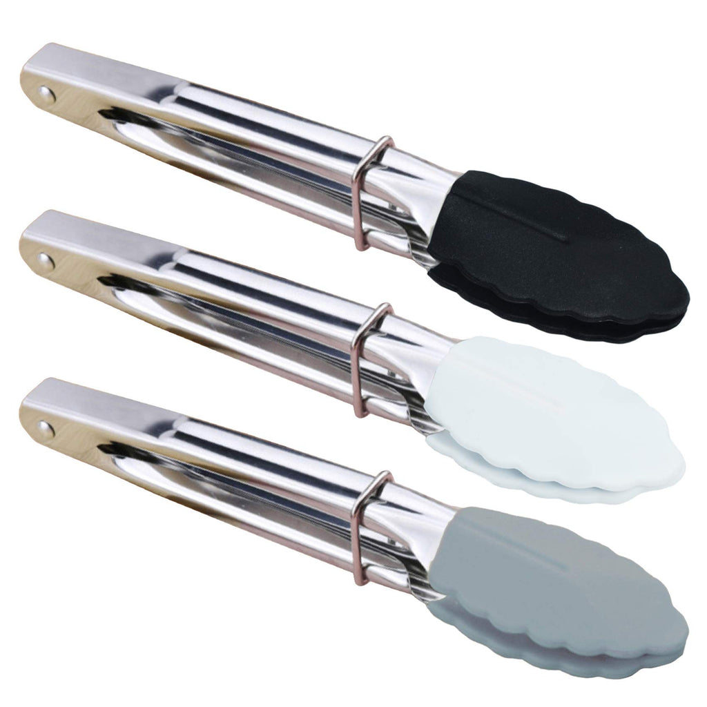 HINMAY Mini Tongs with Silicone Tips 7-Inch Kitchen Tongs, Set of 3 (Black)