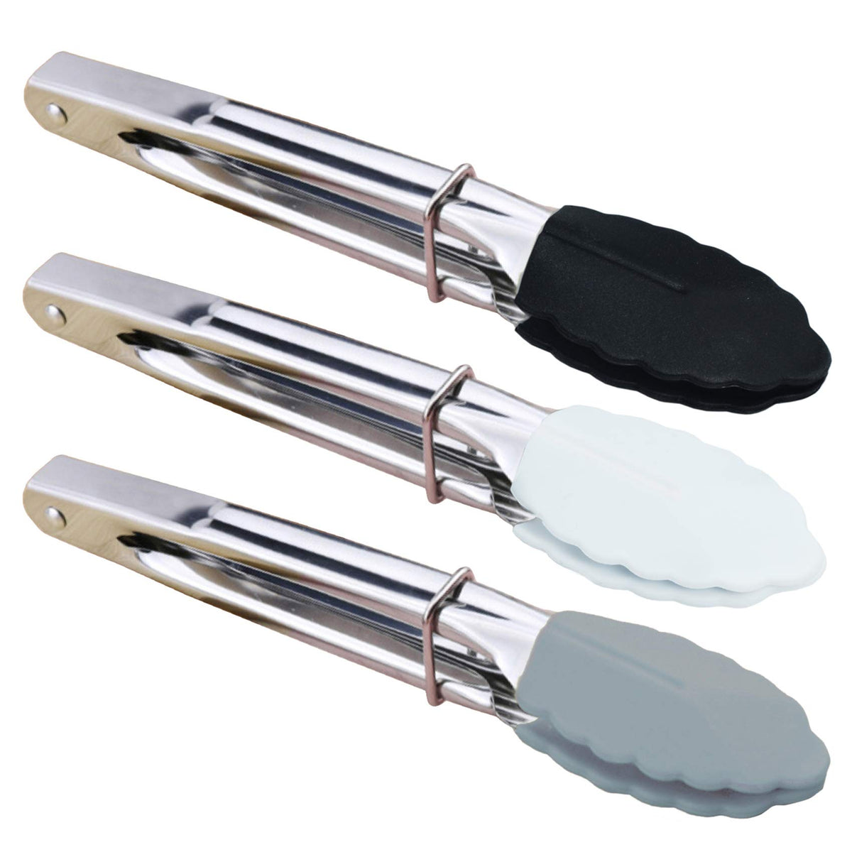 HINMAY Mini Tongs with Silicone Tips 7-Inch Kitchen Tongs, Set of 3 (Black)