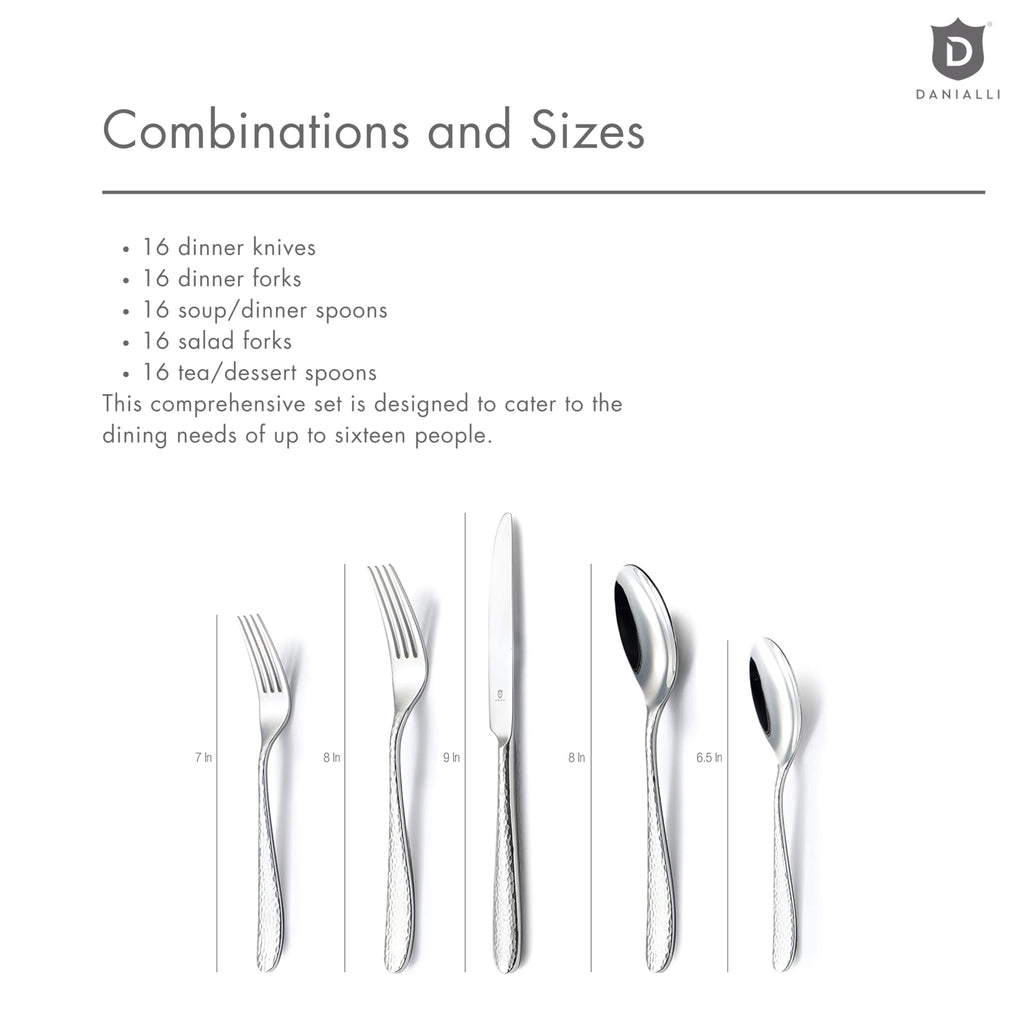 DANIALLI Hammered Silverware Set | Premium 18/10 Stainless Steel Flatware Service for 16 | Heavy-Duty & Dishwasher Safe | Built to Last (80-Piece, Fidenza Hammered)