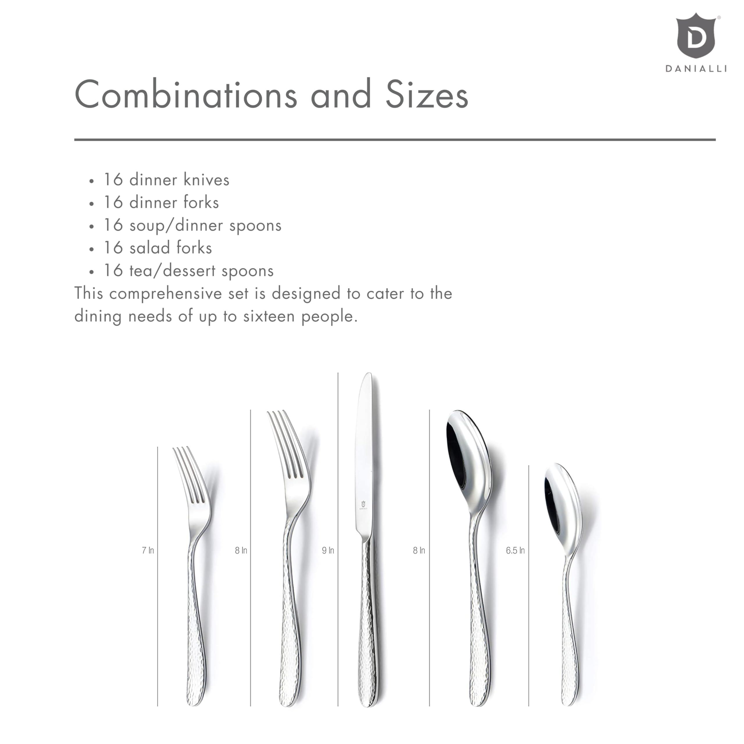DANIALLI Hammered Silverware Set | Premium 18/10 Stainless Steel Flatware Service for 16 | Heavy-Duty & Dishwasher Safe | Built to Last (80-Piece, Fidenza Hammered)