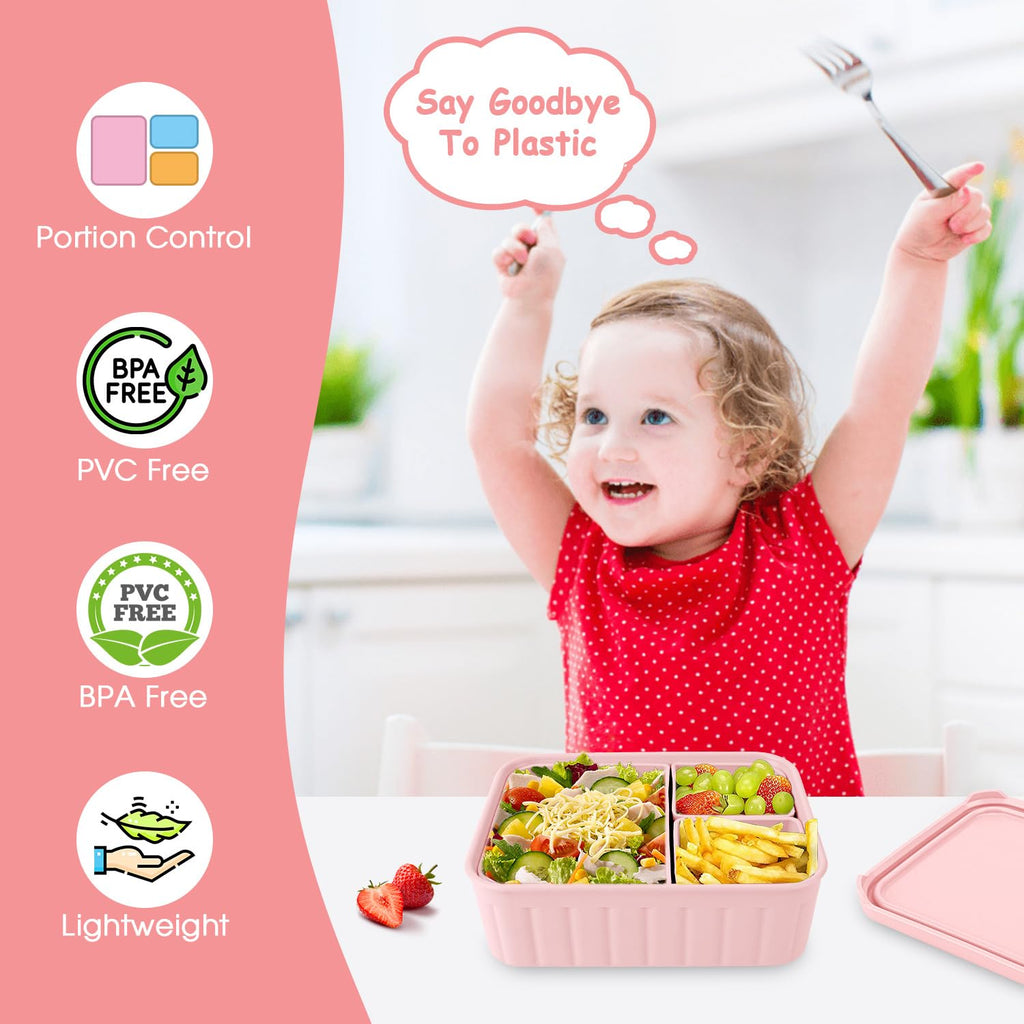 Bento Lunch Box for Kids-Reusable Silicone Kids Bento Box Lunch Container Leakproof Lunchbox Meal Prep Food Storage Containers with 3 Removable Compartments–Dishwasher Safe/BPA Free/Portion Control