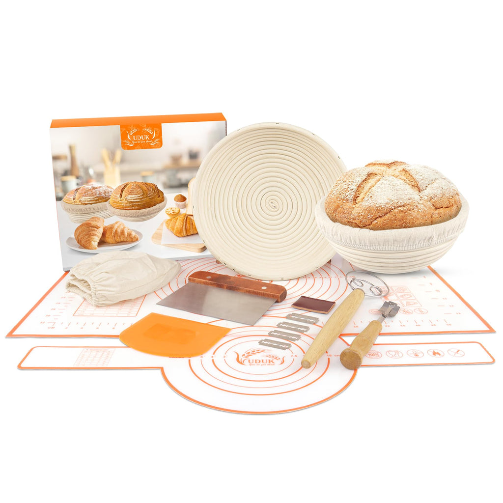 UDUK Bread Proofing Basket Set with 10" Round and 9.6" Round Banneton Baskets, Silicone Bread Sling Baking Mat, Whisk Cutter Scraper Lame - Sourdough Bread Baking Supplies Ideal Sourdough Starter Kit