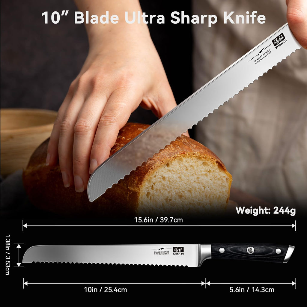 SHAN ZU 10-Inch Serrated Bread & Sourdough Knife with Wood Handle